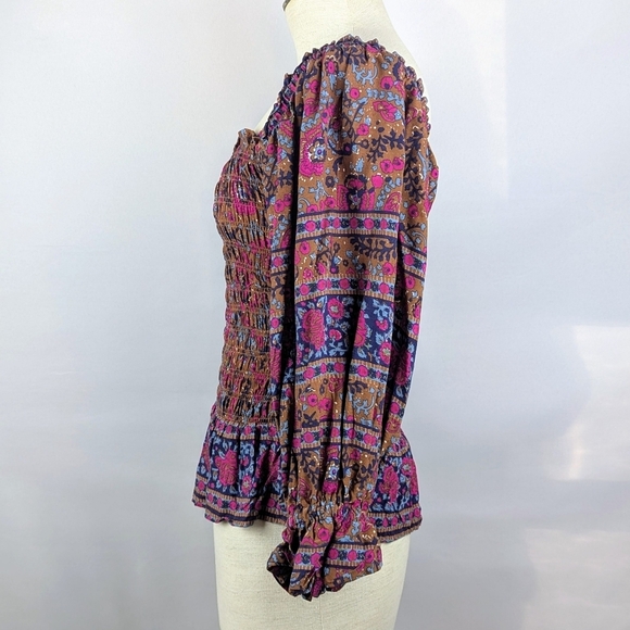 Haute Hippie Style Top Blouse Smocked Bodice Long Sleeve Floral Multicolor S NWT - Picture 8 of 11